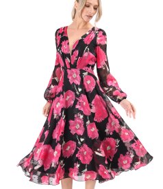 Evening dress in printed chiffon with floral motifs