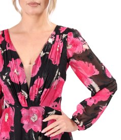 Evening dress in printed chiffon with floral motifs