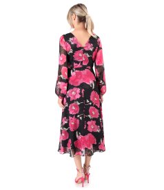 Evening dress in printed chiffon with floral motifs