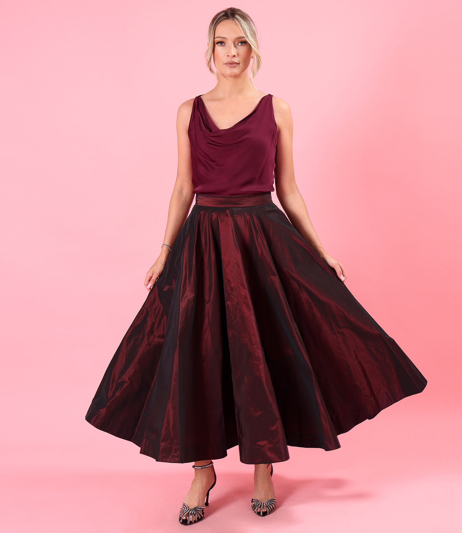 Long taffeta skirt with bias-cut satin viscose blouse