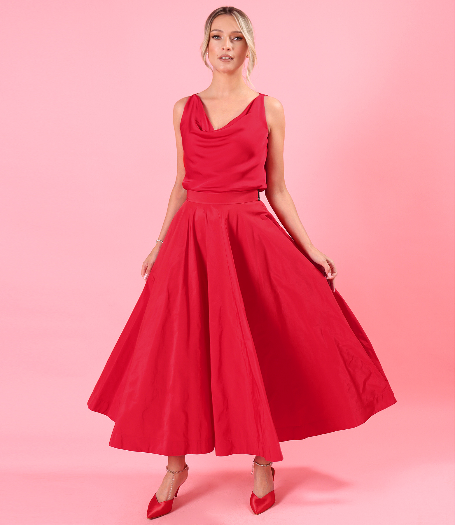 Evening set with long taffeta skirt and bias-cut blouse