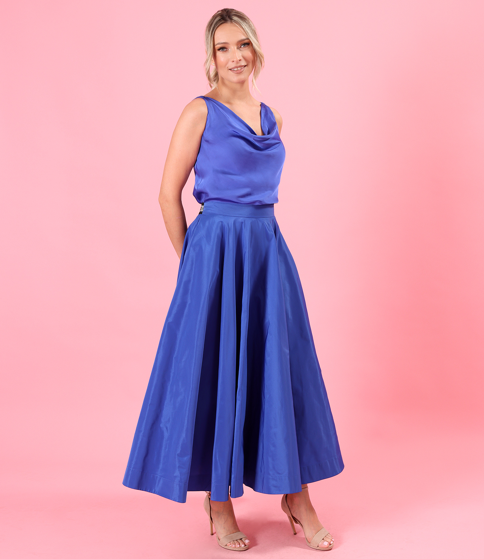 Evening set with long taffeta skirt and bias-cut blouse