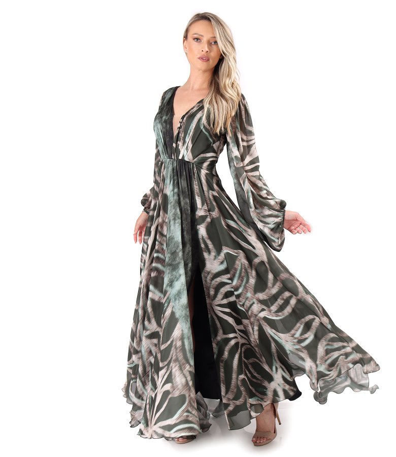Long evening dress made of printed veil