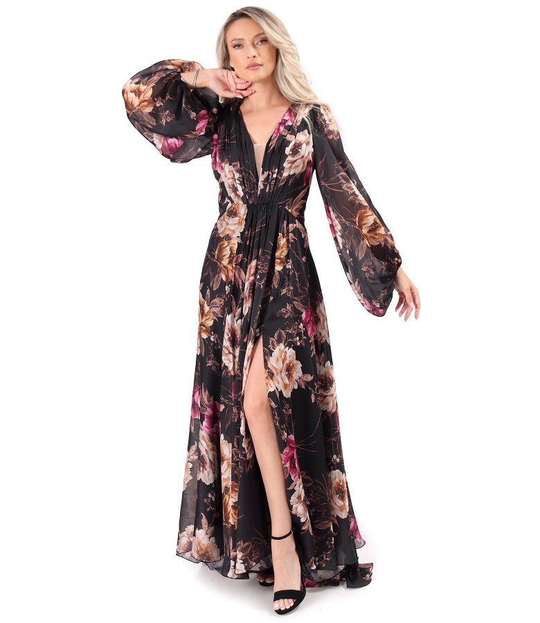Long evening dress in floral-print voile