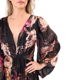 Long evening dress in floral-print voile