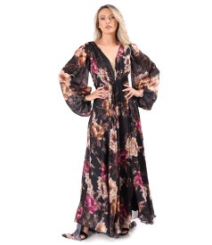 Long evening dress in floral-print voile