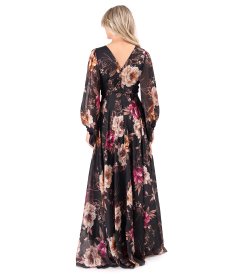 Long evening dress in floral-print voile