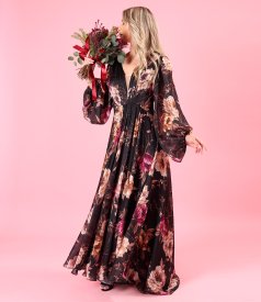Long evening dress in floral-print voile