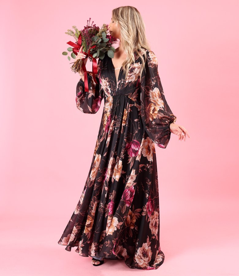 Long evening dress in floral-print voile