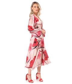 Evening dress in printed chiffon with floral motifs