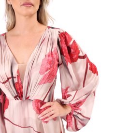 Evening dress in printed chiffon with floral motifs