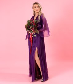 Long evening dress in natural silk chiffon