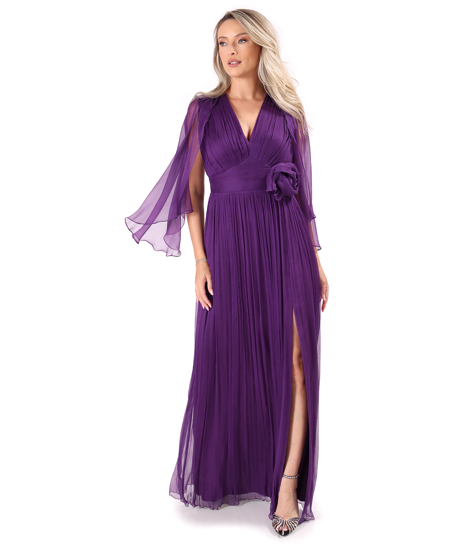 Long evening dress in natural silk chiffon