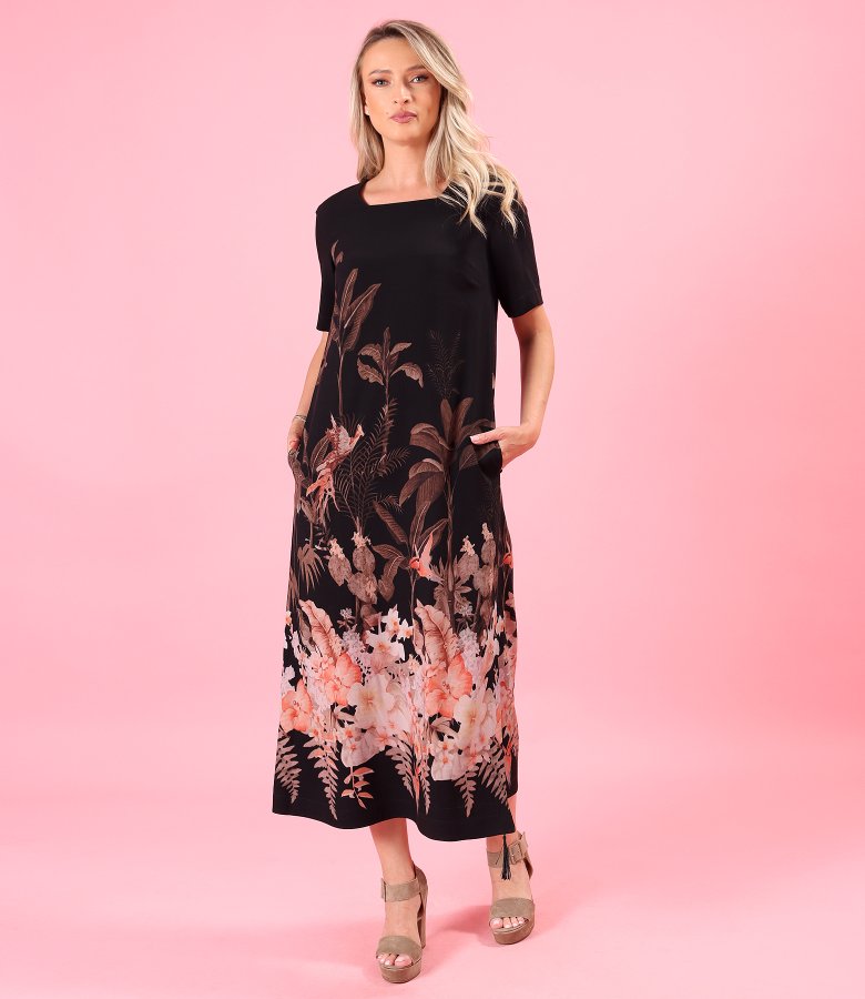 Long viscose dress with floral print and side slit