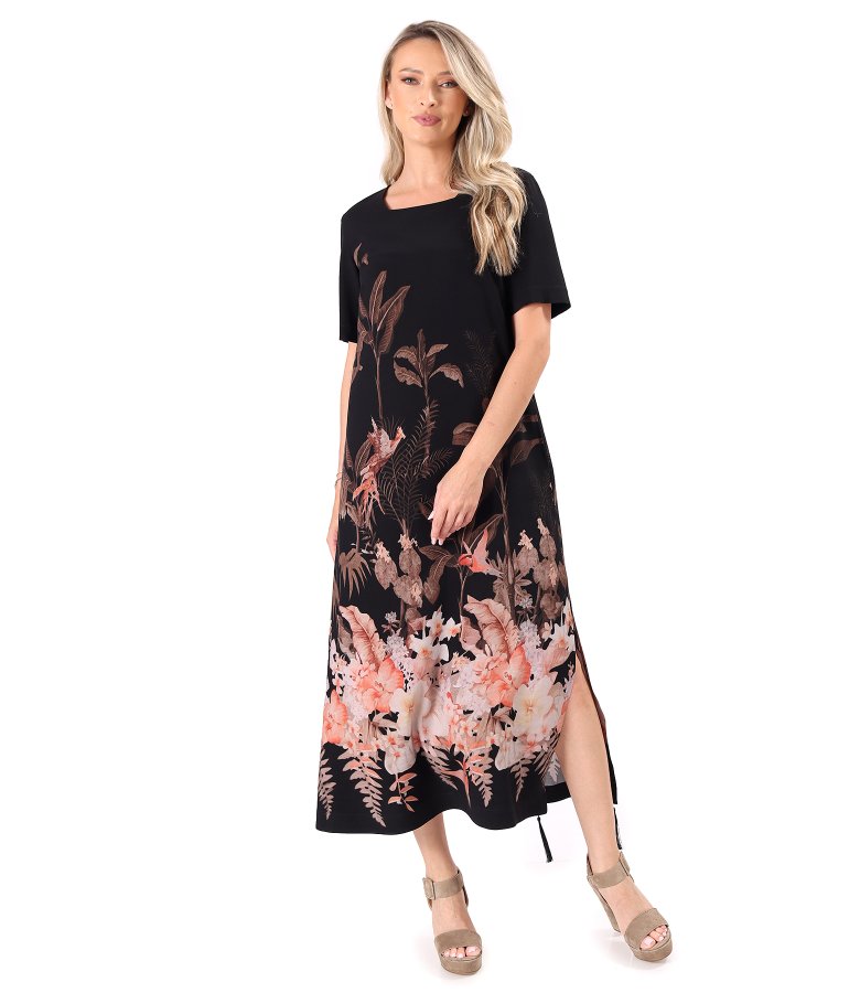 Long viscose dress with floral print and side slit