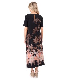 Long viscose dress with floral print and side slit