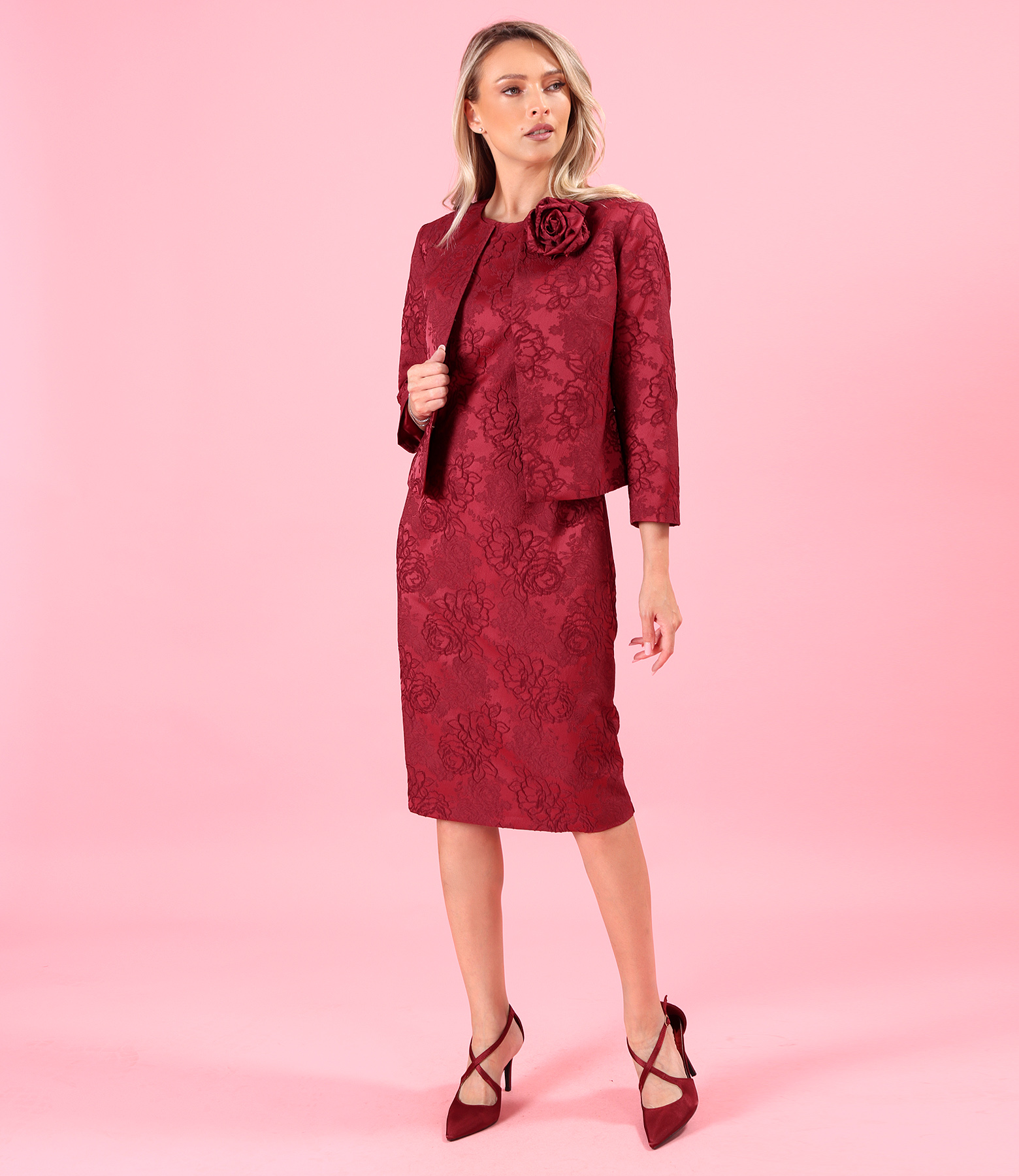Elegant floral jacquard dress and jacket set