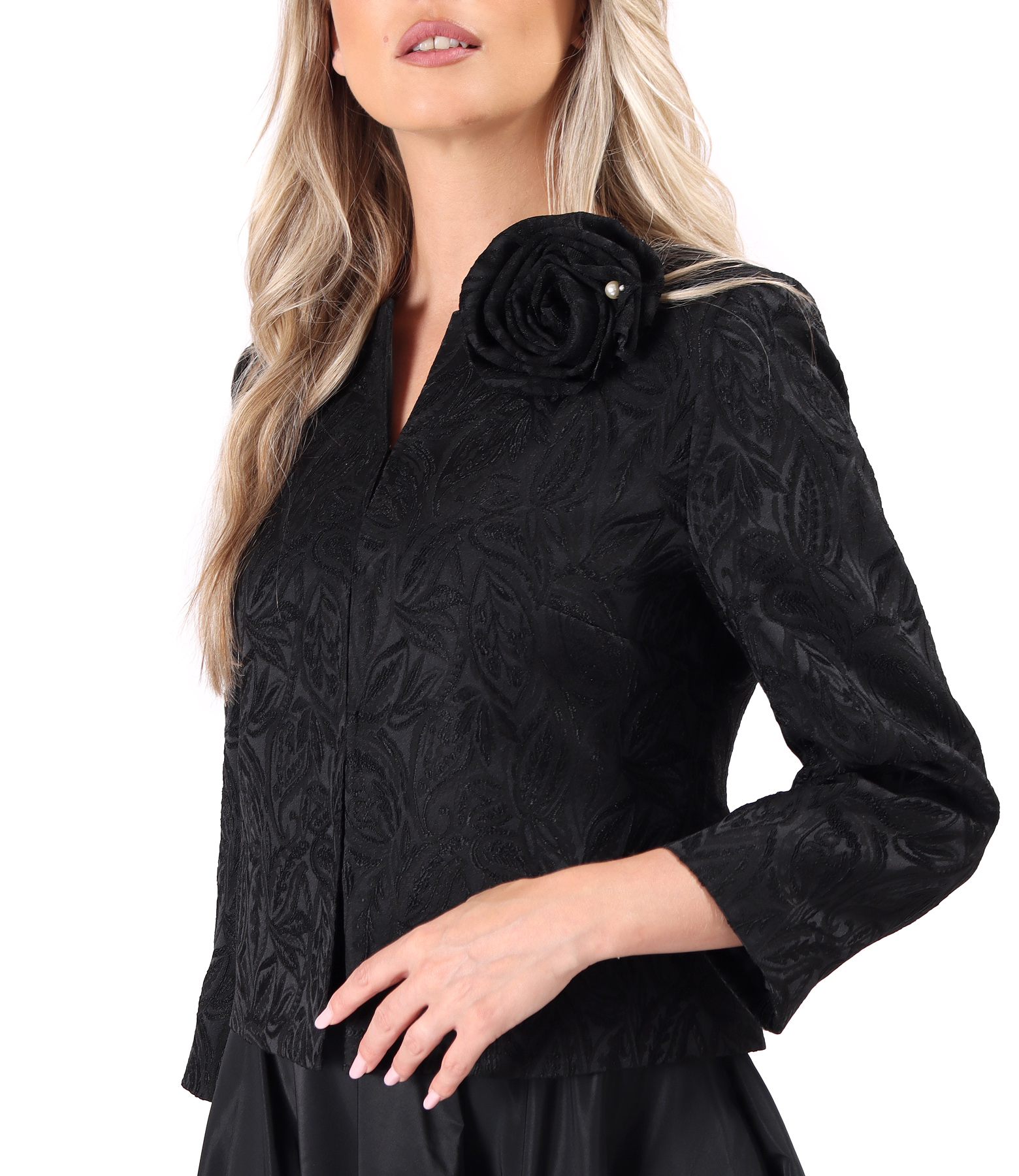 Elegant stretch jacquard jacket with floral motifs