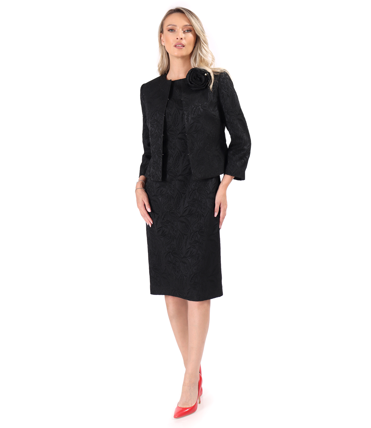 Elegant stretch jacquard jacket with floral motifs