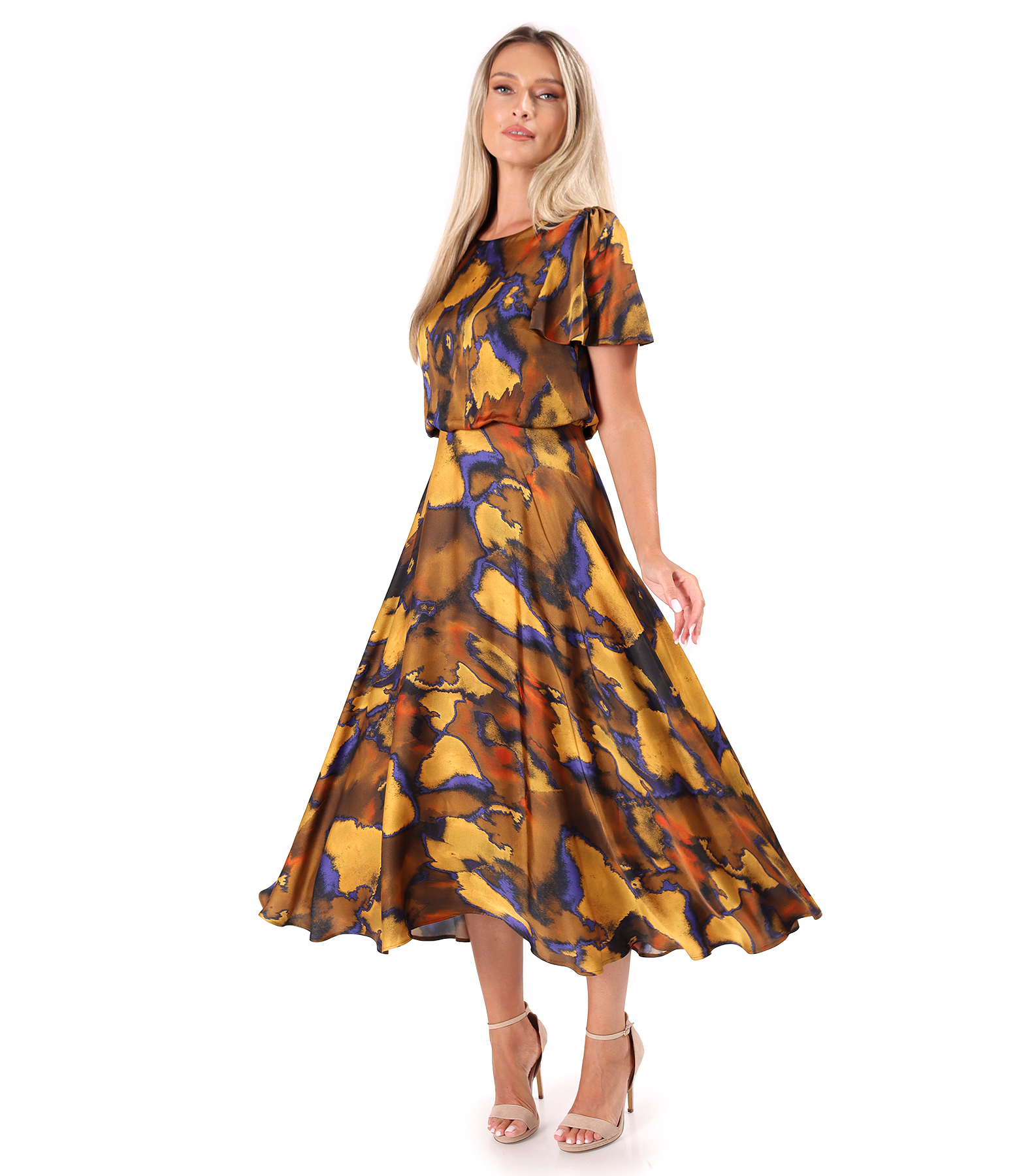 Elegant printed satin viscose midi dress
