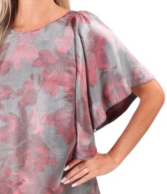 Evening dress in metallic-effect viscose organza with floral print
