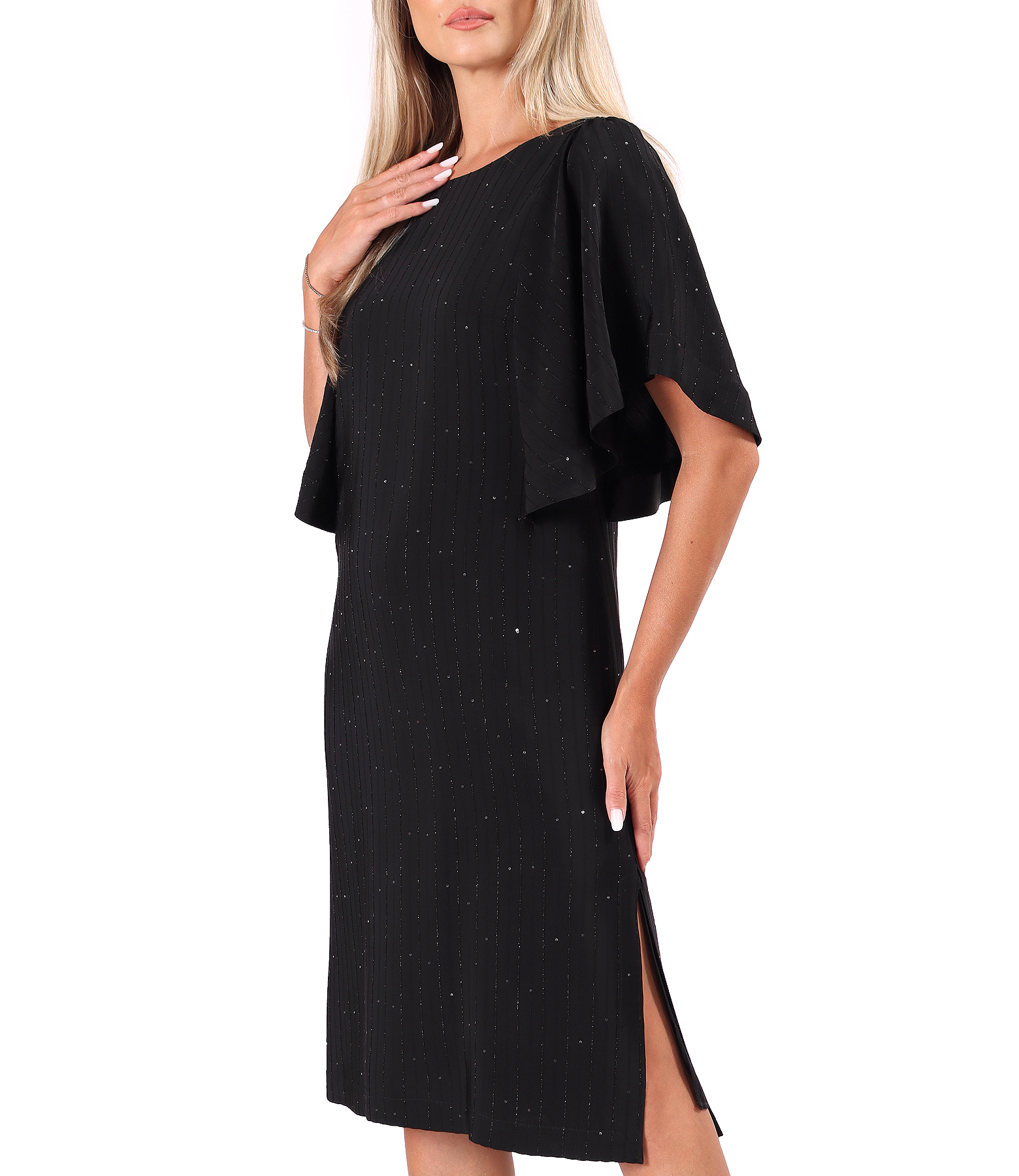 Evening dress in viscose with metallic yarn and sequins