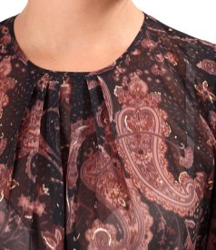Paisley-print chiffon blouse with pleated neckline