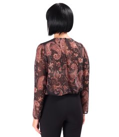 Paisley-print chiffon blouse with pleated neckline