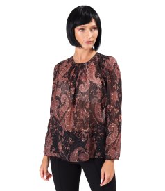 Paisley-print chiffon blouse with pleated neckline