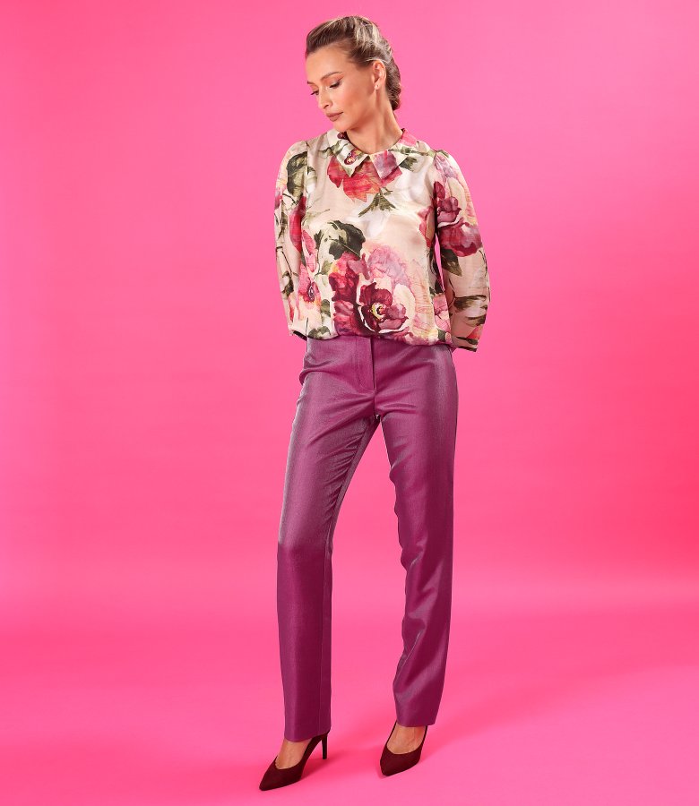 Elegant viscose blouse with floral-print natural silk