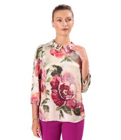 Elegant viscose blouse with floral-print natural silk