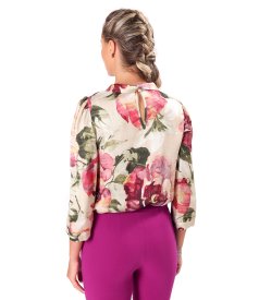 Elegant viscose blouse with floral-print natural silk