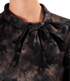 Elegant blouse with gold motifs and scarf collar