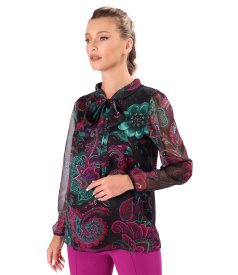 Long-sleeved blouse with scarf collar in printed chiffon