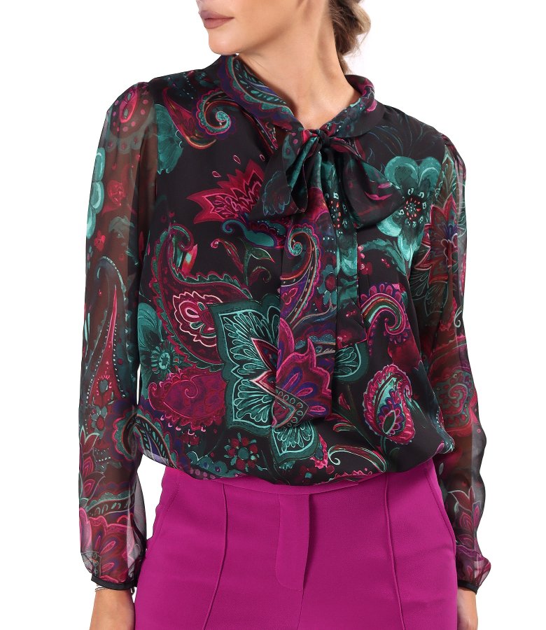 Long-sleeved blouse with scarf collar in printed chiffon