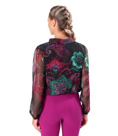 Long-sleeved blouse with scarf collar in printed chiffon