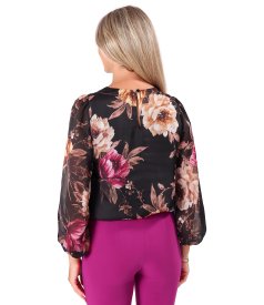 Bluza cu falduri la decolteu din voal imprimat cu motive florale supradimensionate