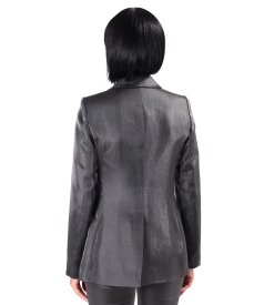 Sacou elegant satinat cu rever si floare decorativa