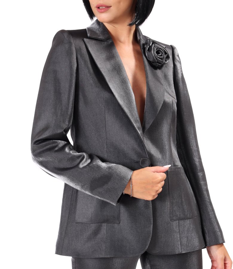 Elegant satin-finish jacket with lapel and decorative flower