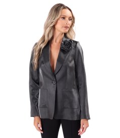 Elegant satin-finish jacket with lapel and decorative flower