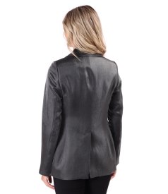 Elegant satin-finish jacket with lapel and decorative flower