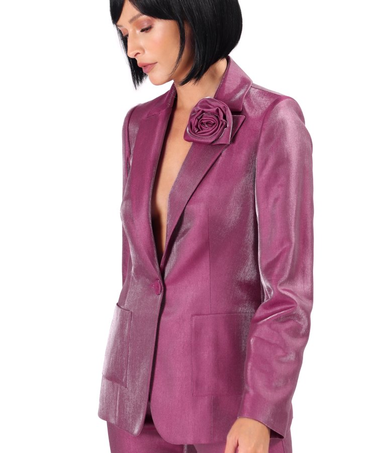 Elegant satin-finish jacket with lapel and decorative flower