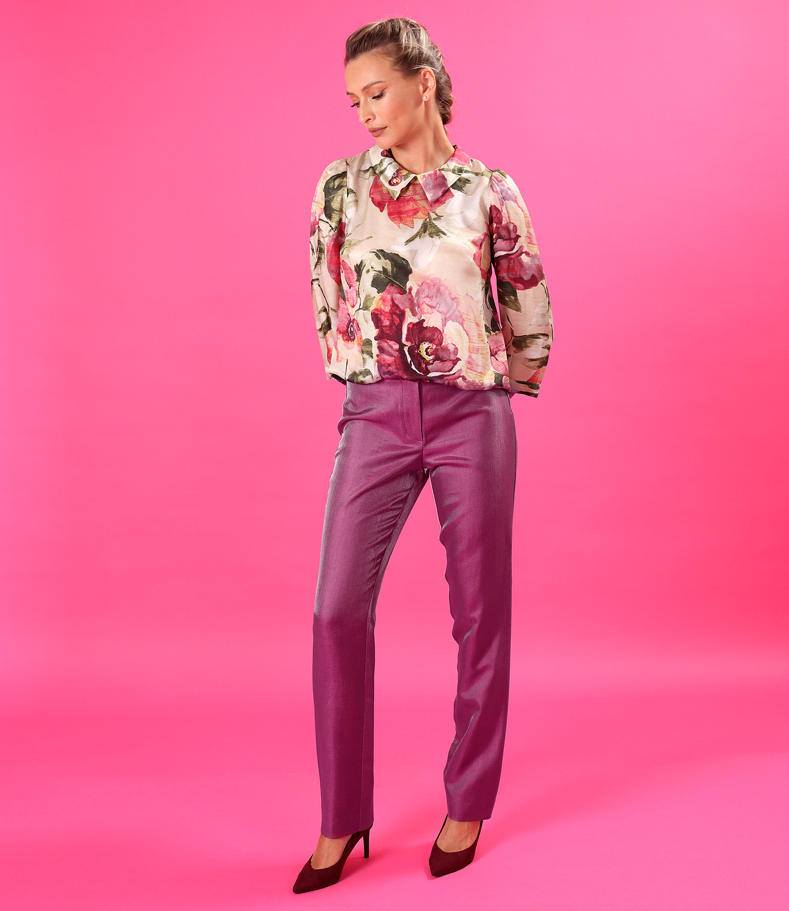 Satin-finish tapered trousers with relaxed silk-blend viscose blouse