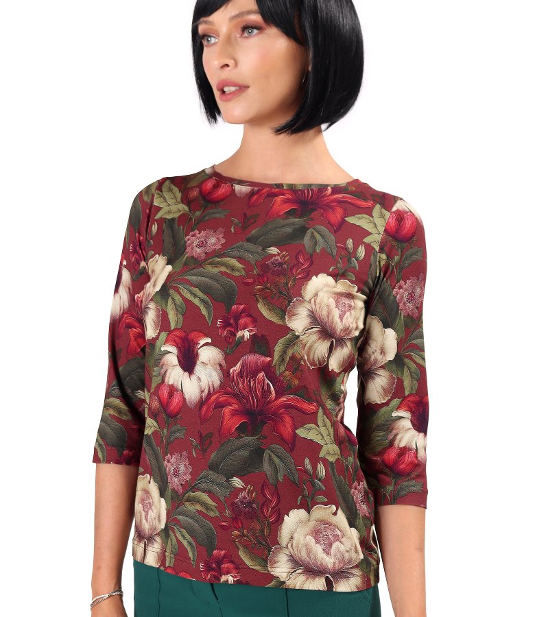 Stretch viscose jersey blouse with floral print