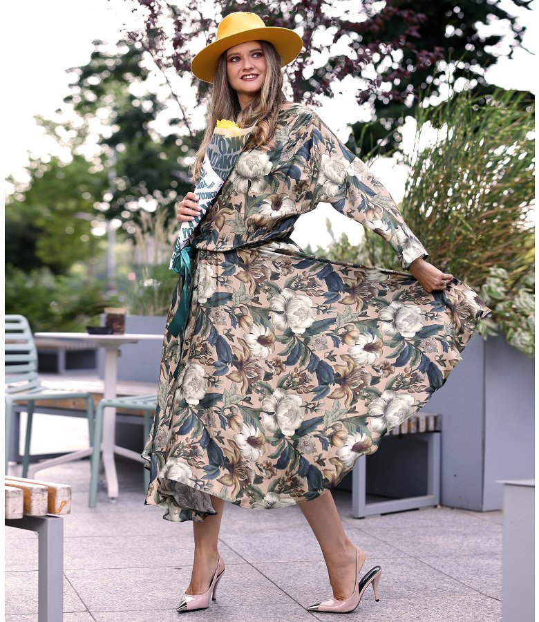 Midi dress in viscose and silk with floral print