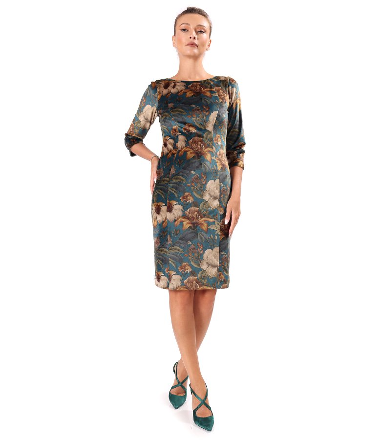 Elegant dense velvet dress with floral print
