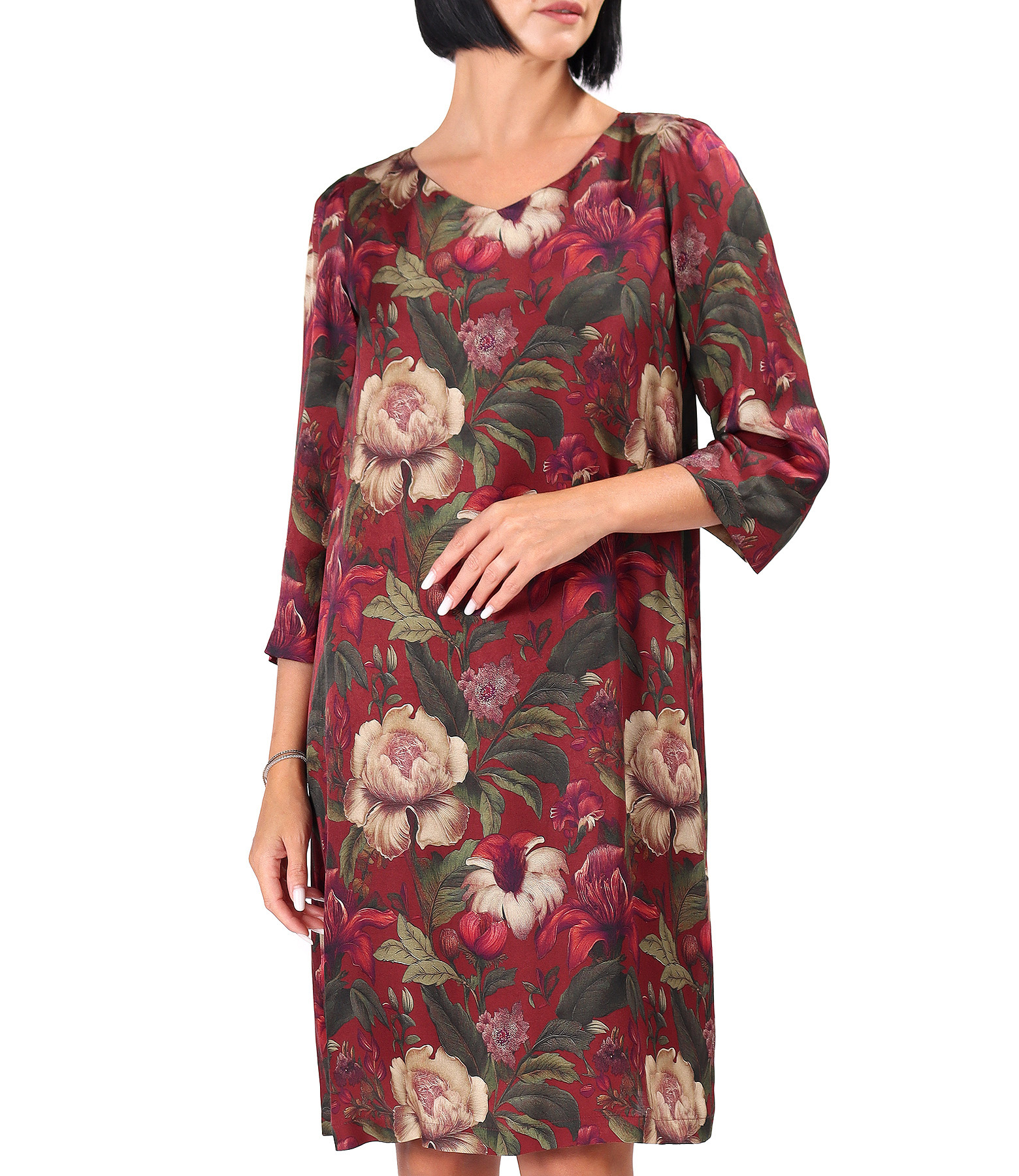 Relaxed-fit viscose dress with silk and floral print