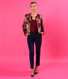 Floral-print velvet bolero with flared trousers