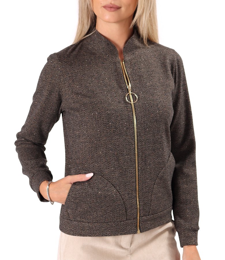 Bomber-style zip-up hoodie in herringbone texture