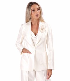 Elegant satin-finish jacket with lapel and decorative flower